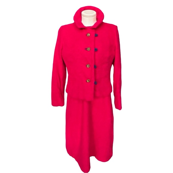 Vintage Hot Pink Jackie O Wool Jacket and Dress with Gold Buttons - Medium - Picture 1 of 9